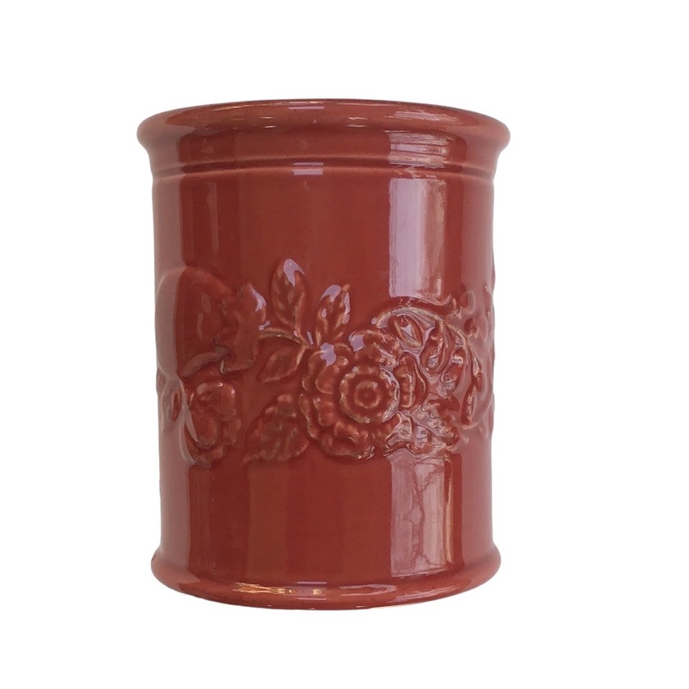 Rare Paprika Red Food Network Embellished Stoneware Utensil Crock